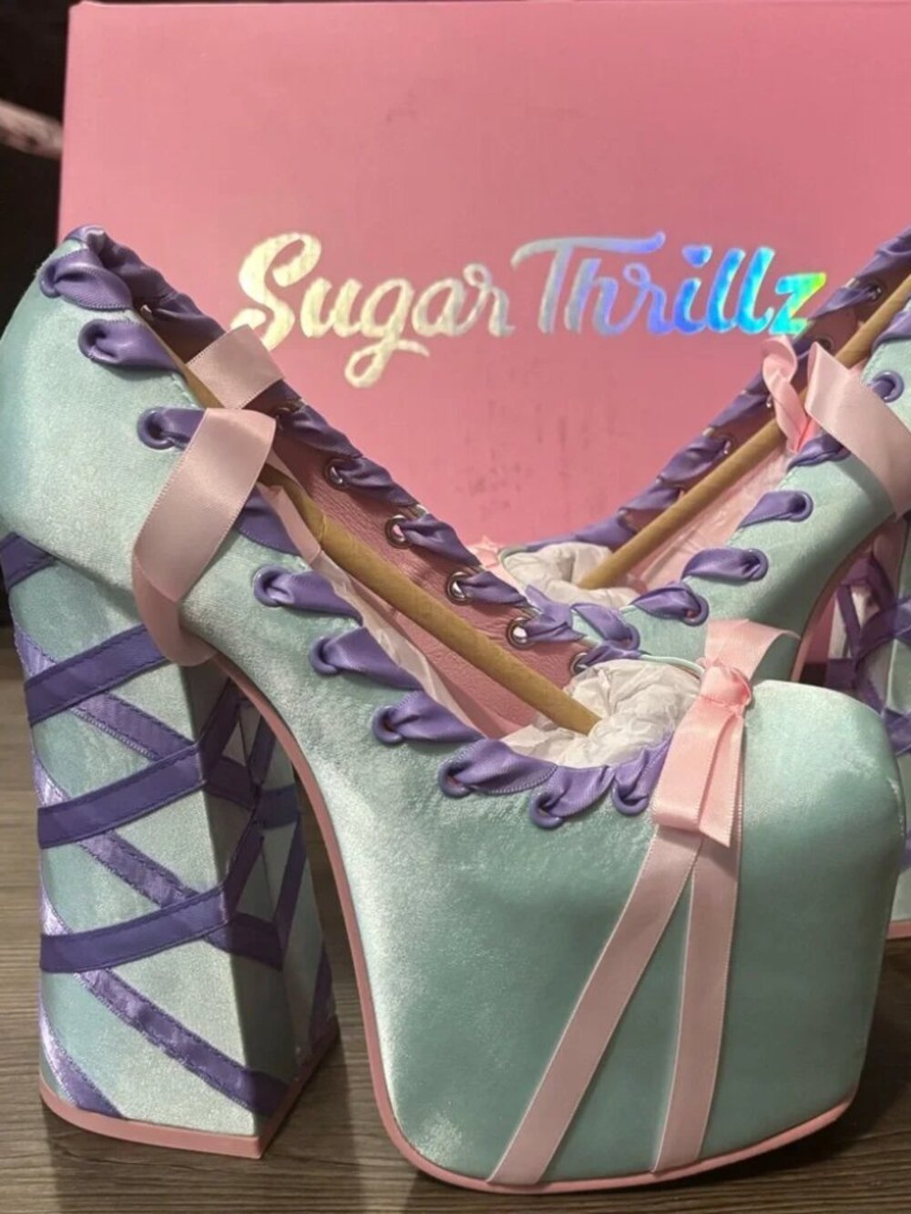 Dolls Kill / Sugar Thrillz Blue & Pink Sweet Sonata Ballet Wrap Heels
